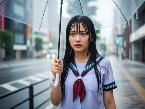 傘をさしてもずぶ濡れになる女子高生