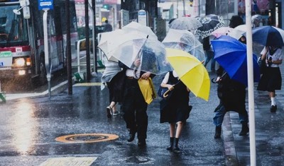 台風時に傘をさす人々