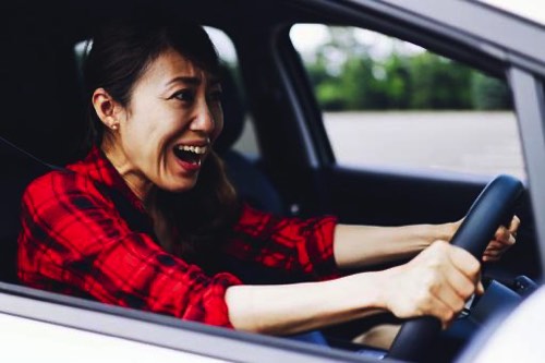 事故を起こし自動車運転席でパニックになる女性