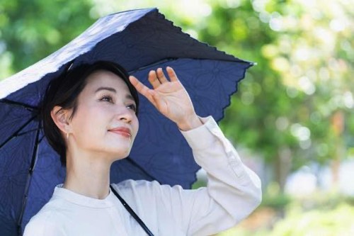酷暑で日傘をさす女性