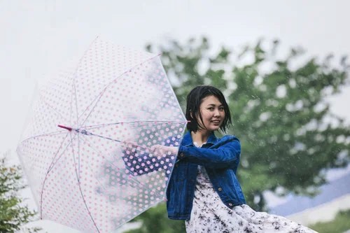 線状降水帯による強風大雨時に傘を持っていかれる女性